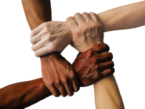 Image of four hands of varying skin tones holding each other's wrists forming the shape of a diamond. Represents community and diversity.